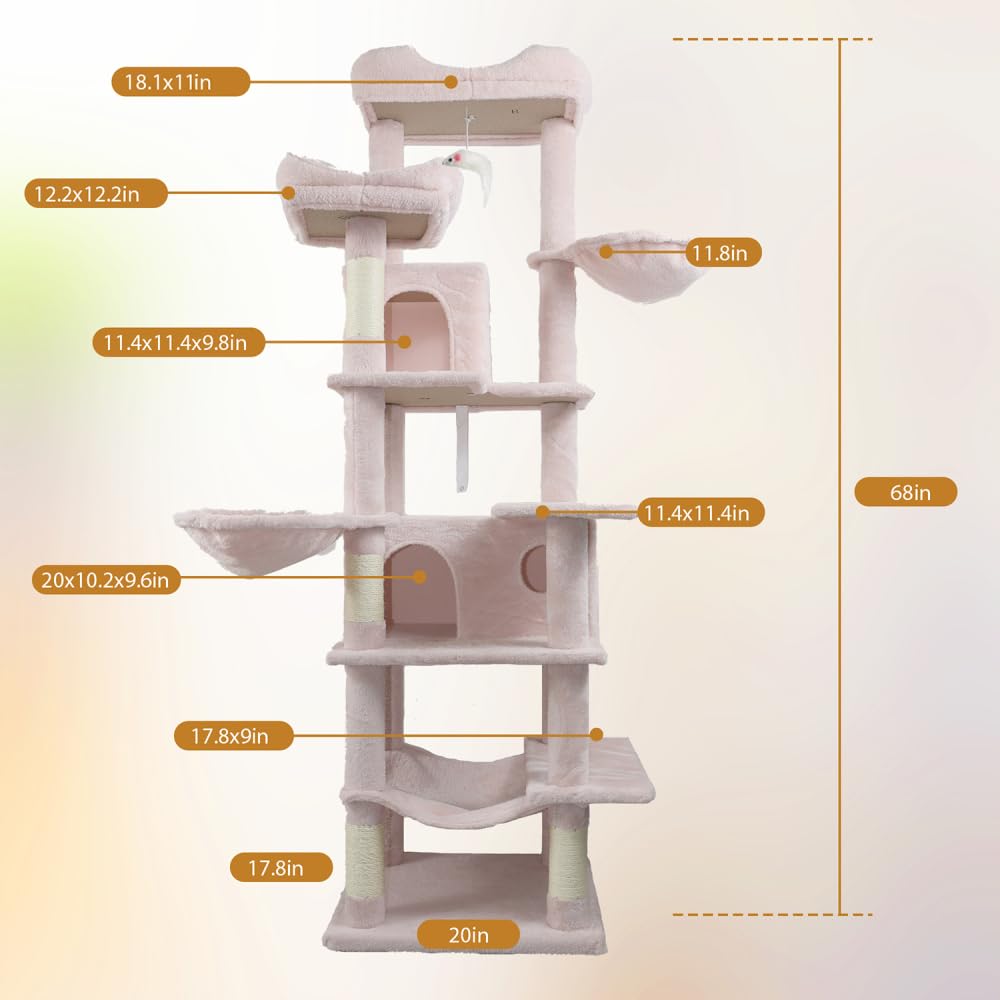 68in Multi Level Cat Tree with Hammocks, Cat Cave, Hanging Basket and Scratching Posts O8766