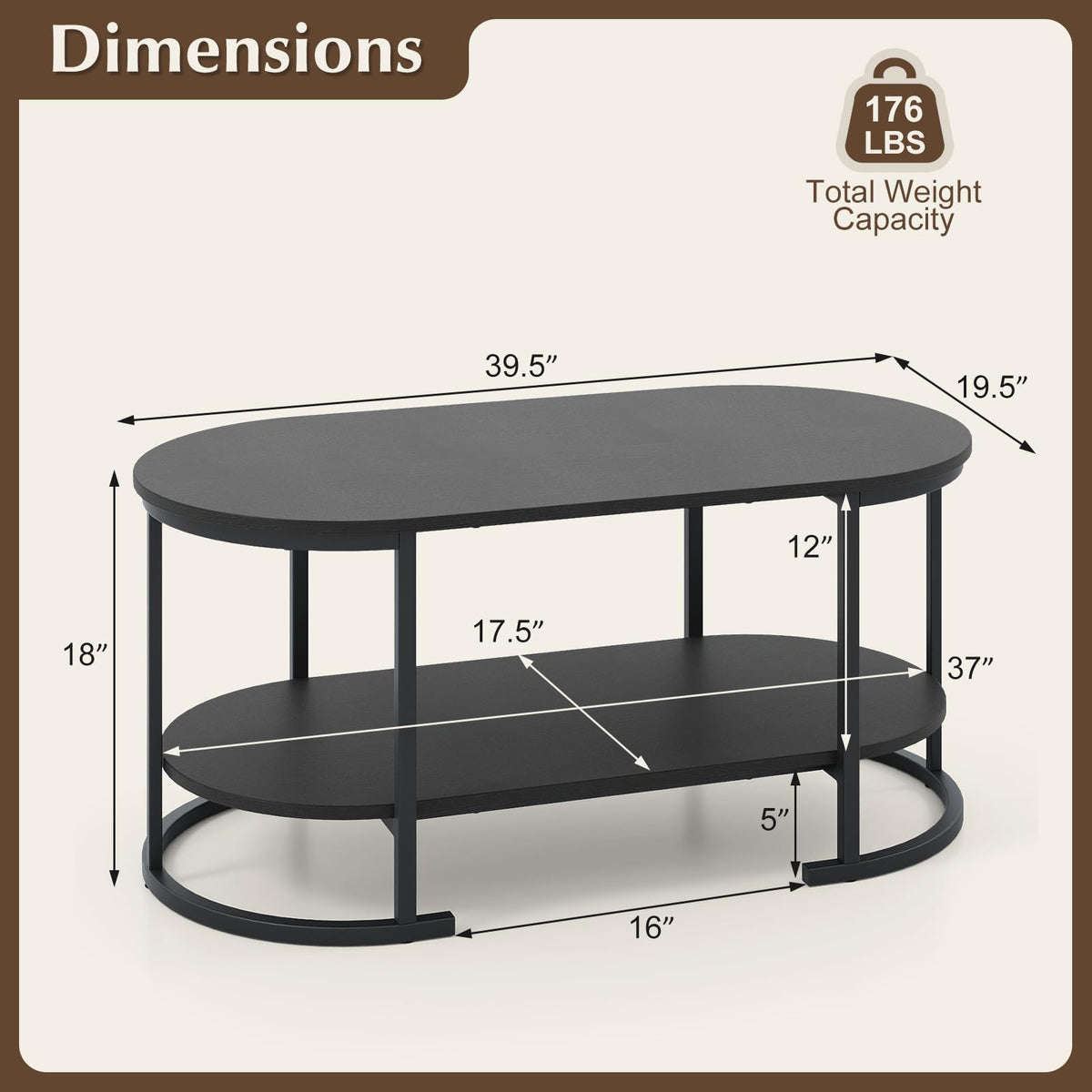 Black 2-Tier Oval Wood Coffee Table with Storage I547971