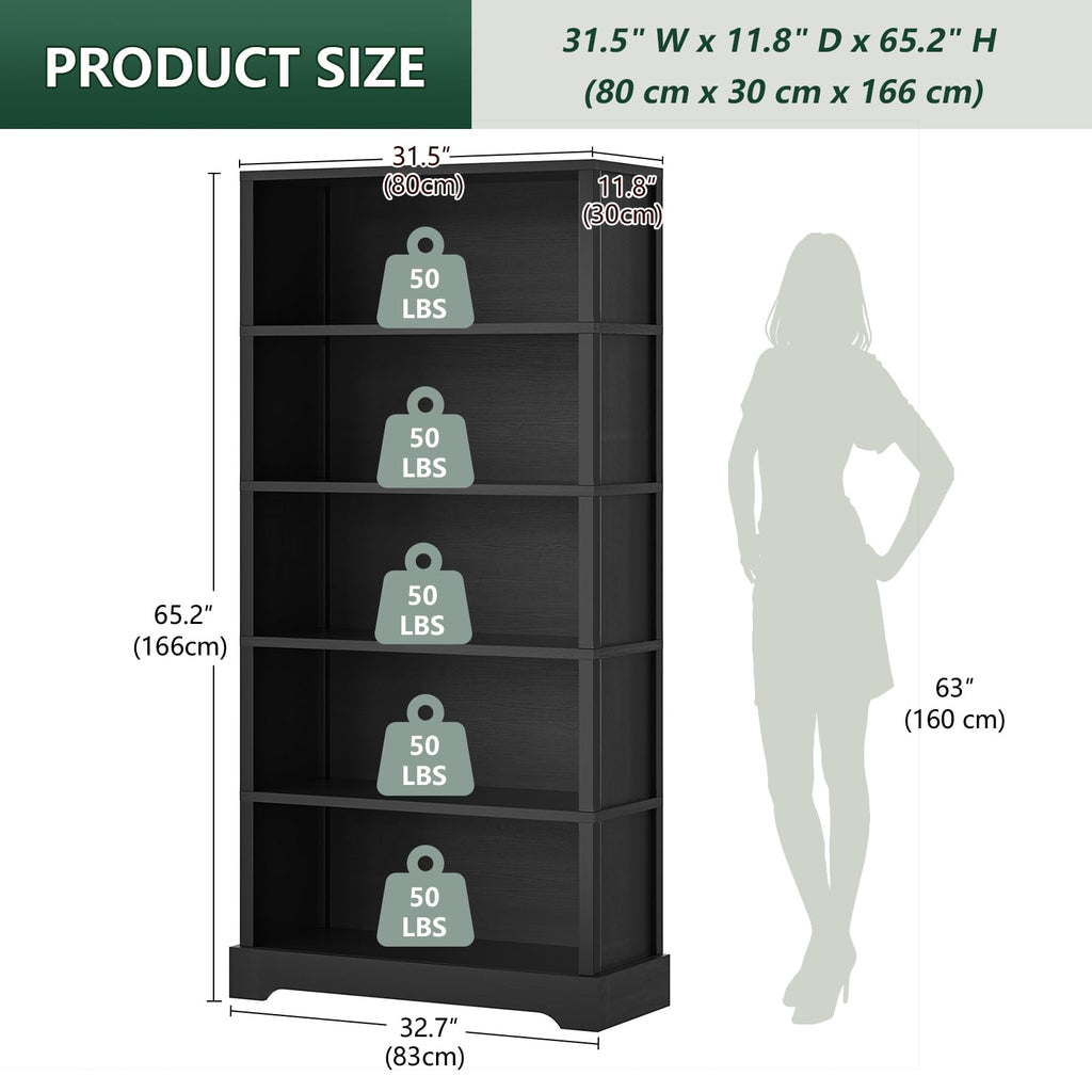 5 Tiers Wooden Bookshelf, 65.2" Tall 31.5" Wide Black O845093