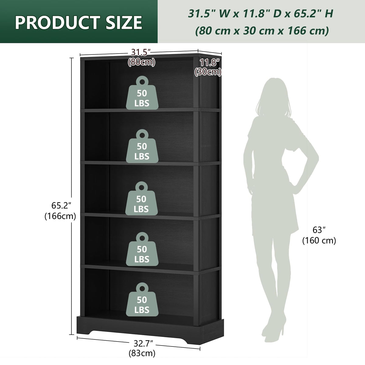 5 Tiers Wooden Bookshelf, 65.2" Tall 31.5" Wide Black O845093