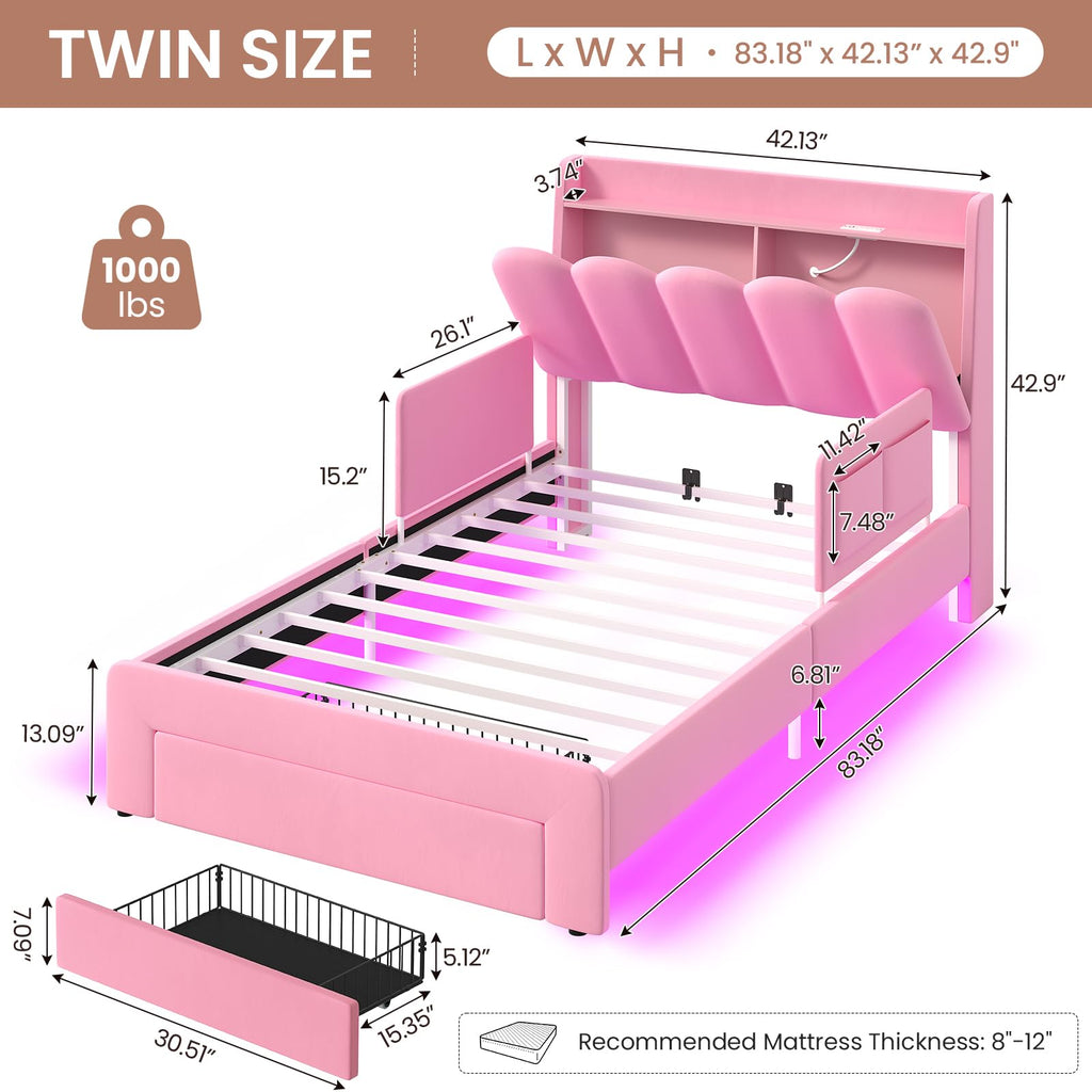 Pink Velvet Upholstered Twin Size Platform Bed with Storage Drawer Q2885
