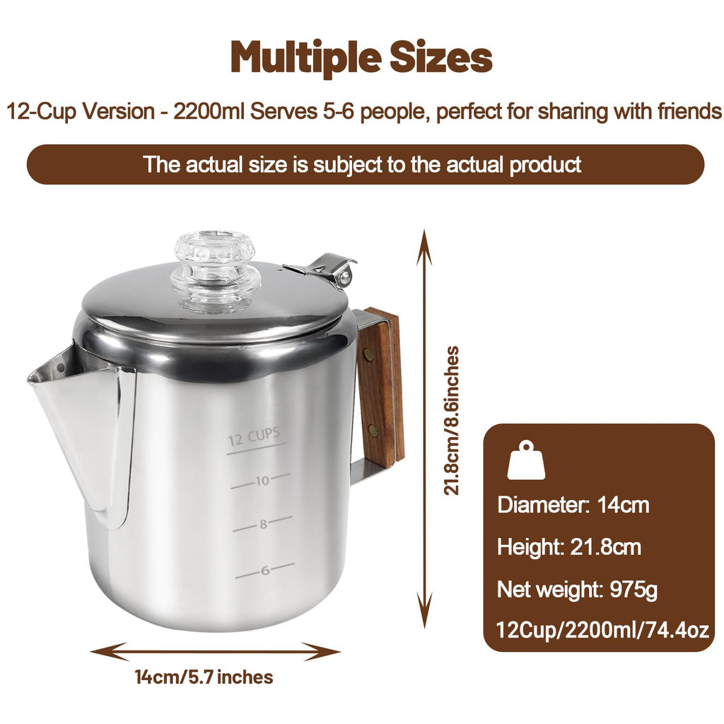 12 Cup Stainless Steel Stovetop Percolator Coffee Pot 2200ml E992
