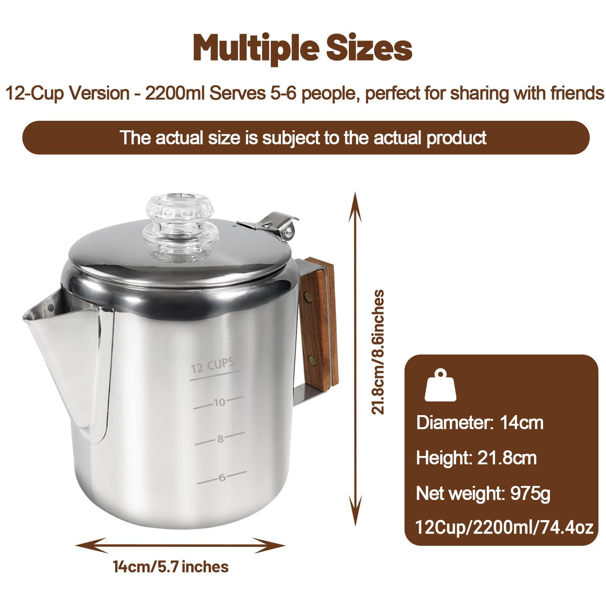 12 Cup Stainless Steel Stovetop Percolator Coffee Pot 2200ml E992