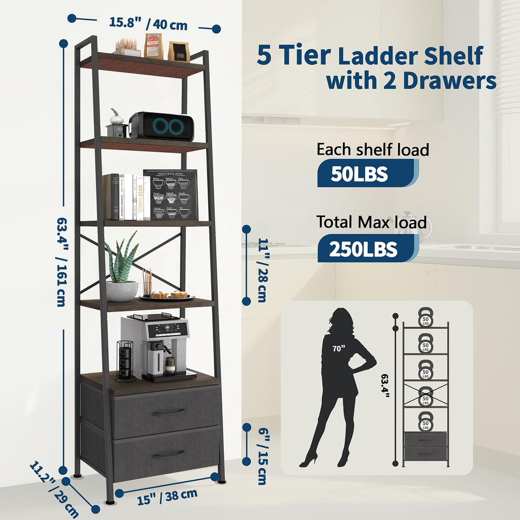 5-Tier Ladder Bookshelf with 2 Drawers Black F680195