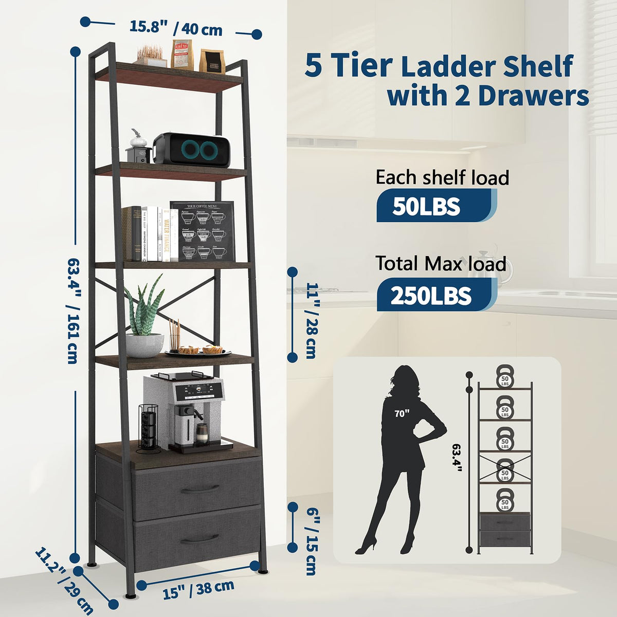 5-Tier Ladder Bookshelf with 2 Drawers Black F680195