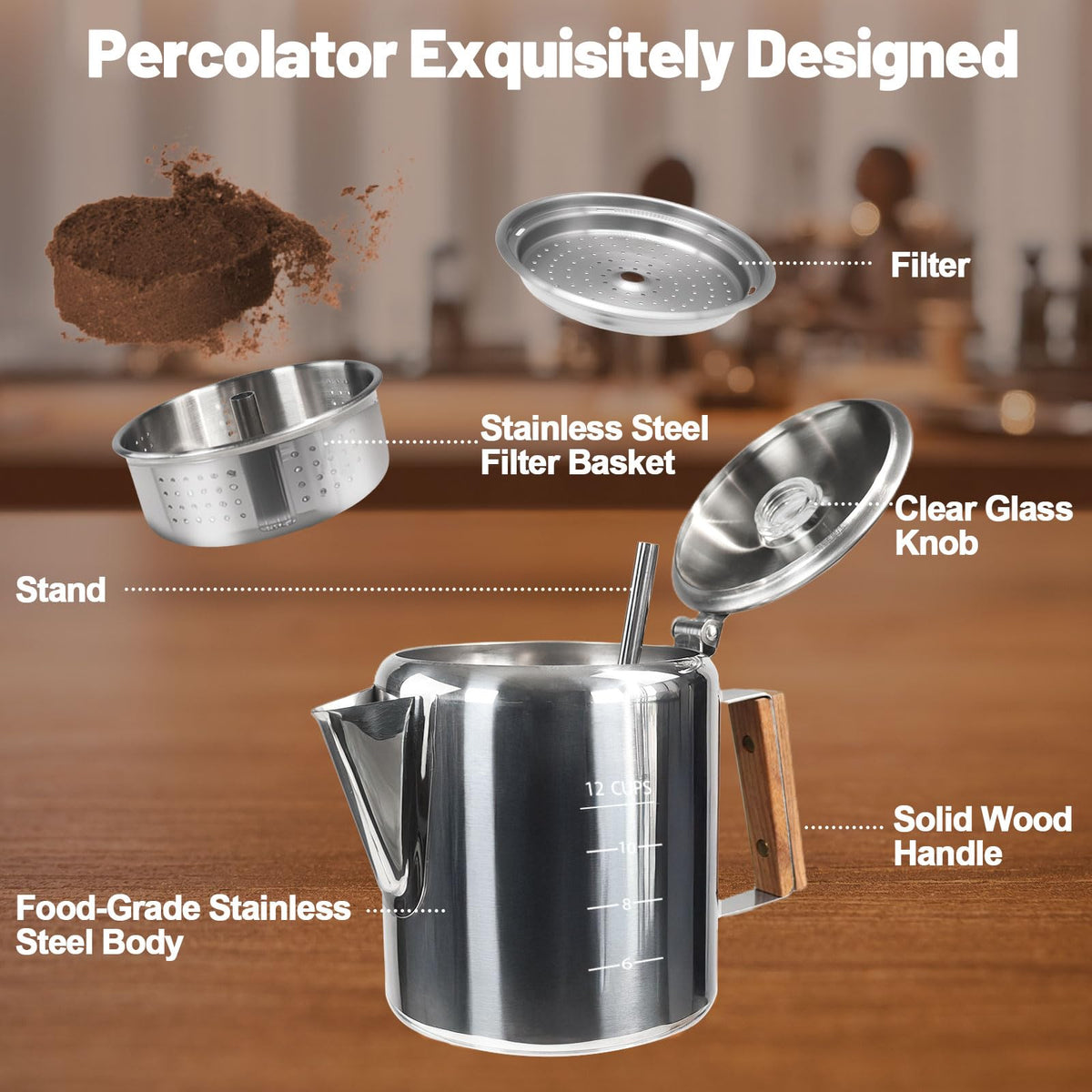 12 Cup Stainless Steel Stovetop Percolator Coffee Pot 2200ml E992