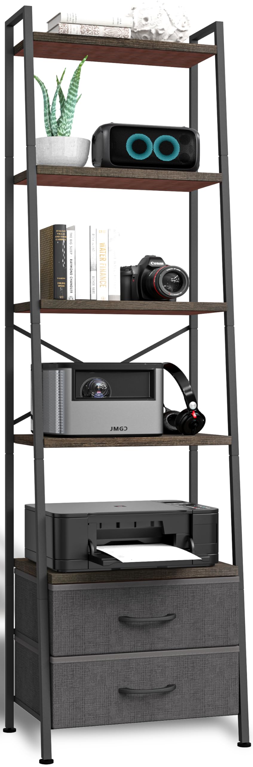 5-Tier Ladder Bookshelf with 2 Drawers Black F680195