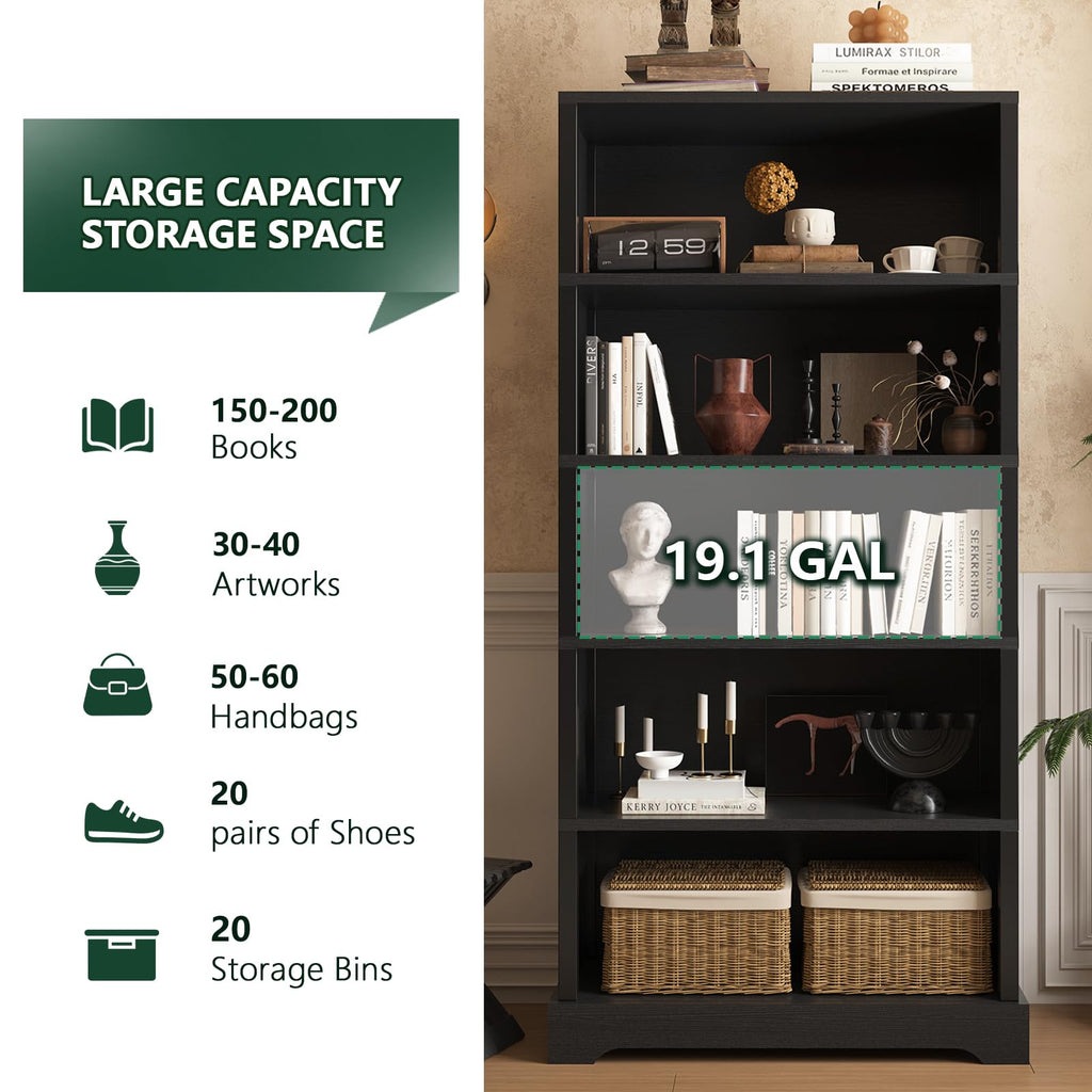 5 Tiers Wooden Bookshelf, 65.2" Tall 31.5" Wide Black O845093