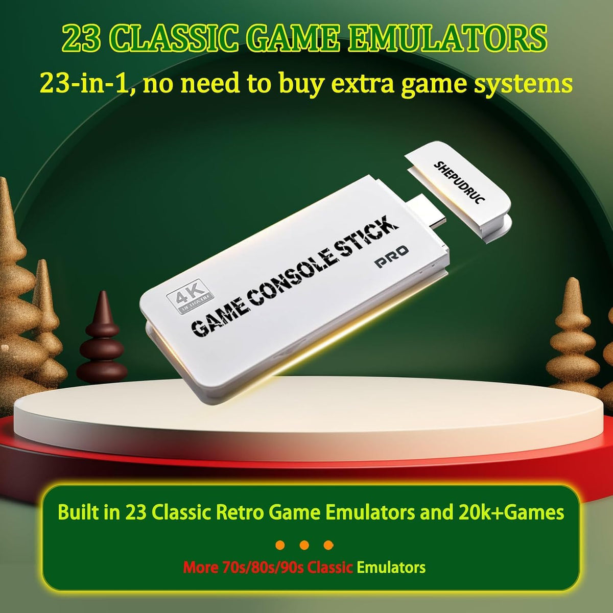 Wireless Retro Gaming Console Stick, 23 Built-In Emulators, 20,000+ Games, 4K HDMI Output, Dual 2.4G Wireless Controllers, 64GB O871932
