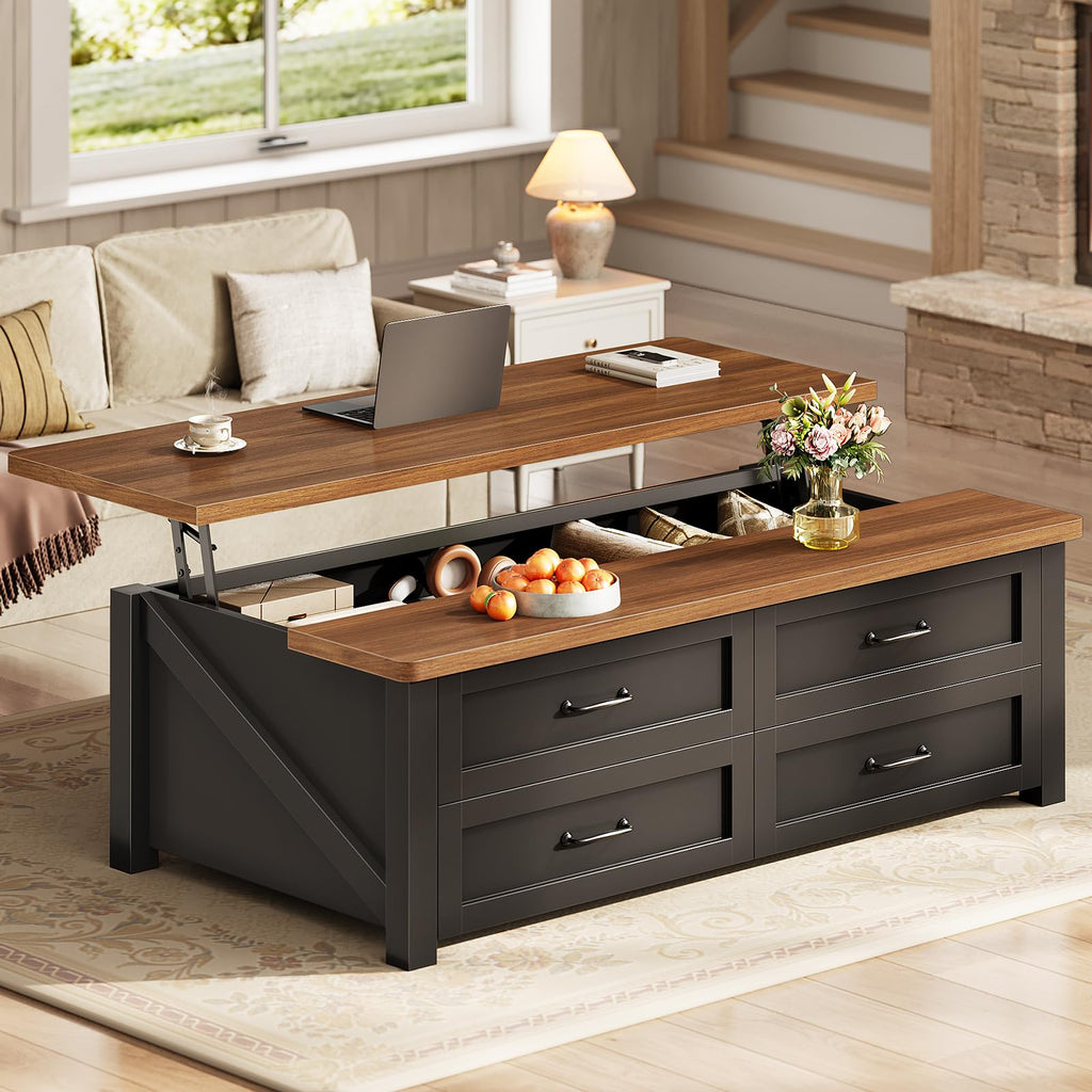 47.2" Lift Top Coffee Table with Storage, 4 Wood Drawers N86149