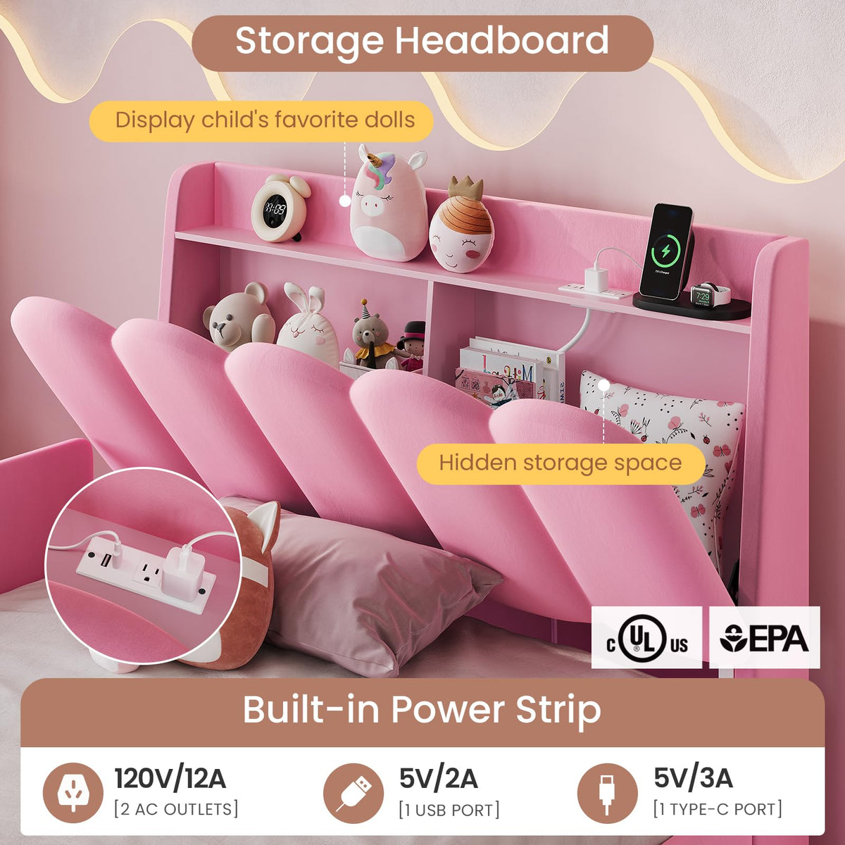 Pink Velvet Upholstered Twin Size Platform Bed with Storage Drawer Q2885