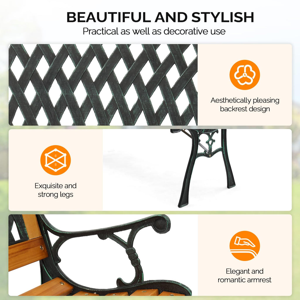 Weather Resistant Cast Iron Teak Wood 3-Person Outdoor Bench G164126