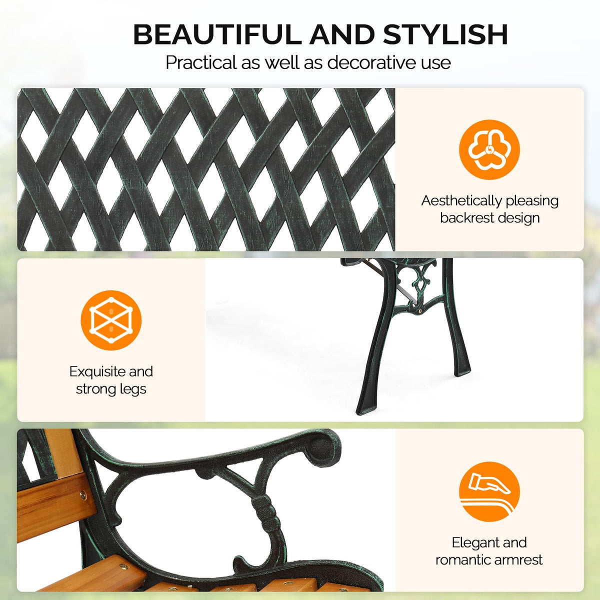 Weather Resistant Cast Iron Teak Wood 3-Person Outdoor Bench G164126