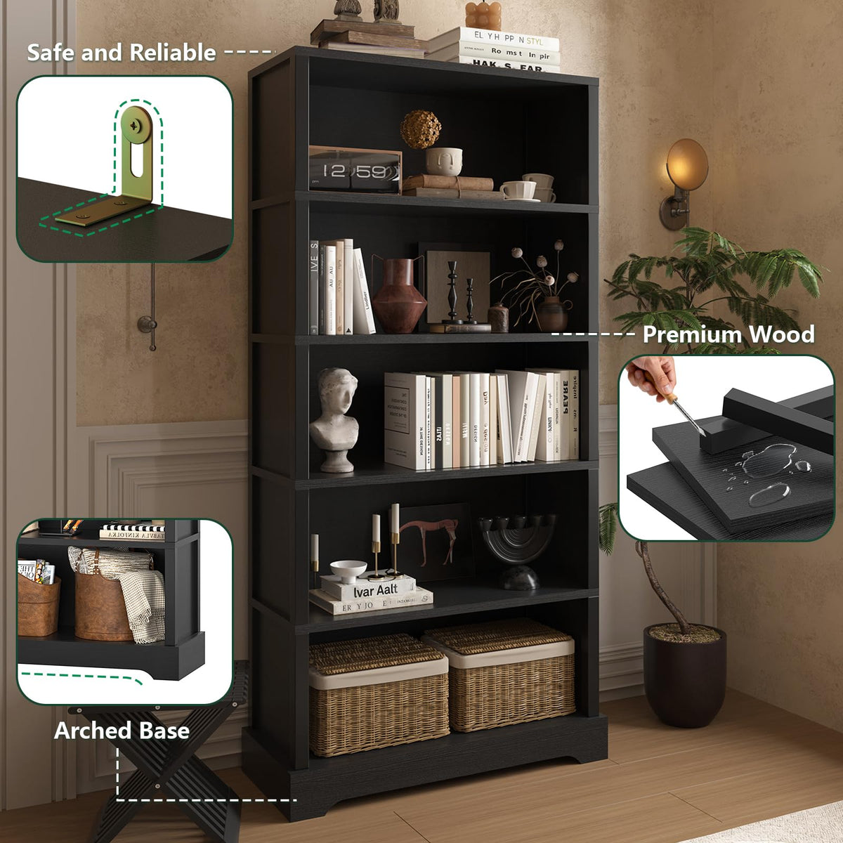 5 Tiers Wooden Bookshelf, 65.2" Tall 31.5" Wide Black O845093