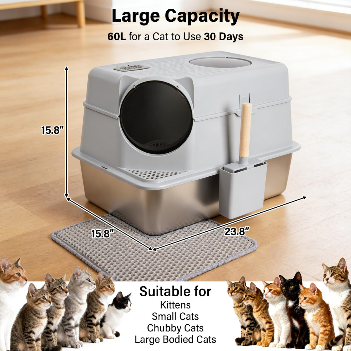 XL Stainless Steel Enclosed Cat Litter Box with Lid X191