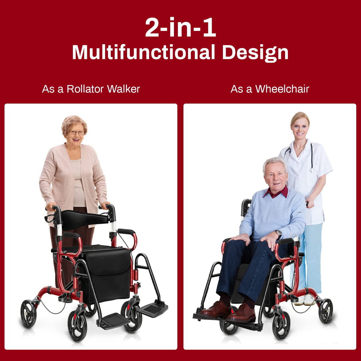 2 in 1 Folding Rollator Walker with Seat and 8" Wheels E213722