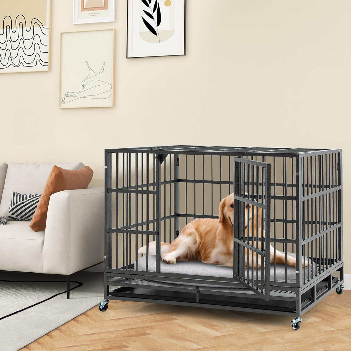 48 Inch Heavy-Duty Metal Dog Crate with Lockable Wheels A7309