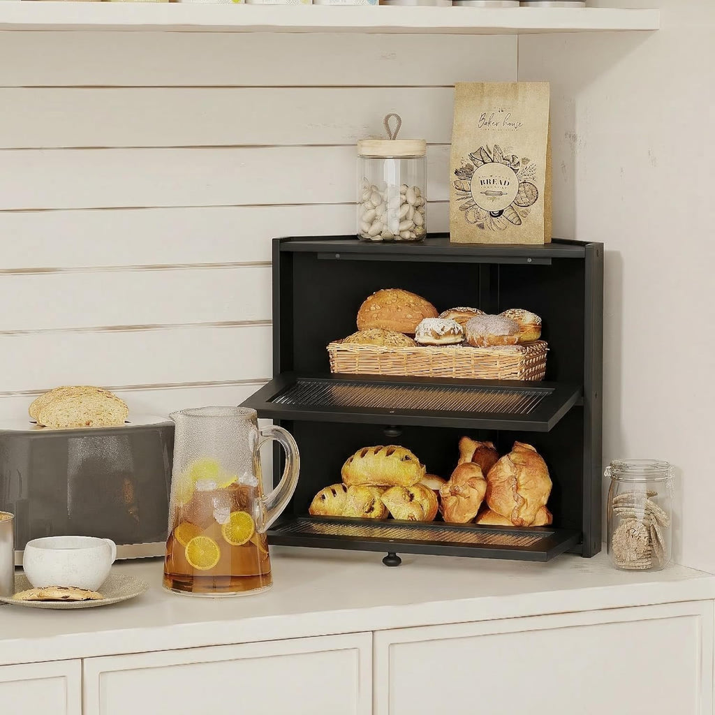 Double Layer Bamboo Bread Box with Wavy Windows C279407