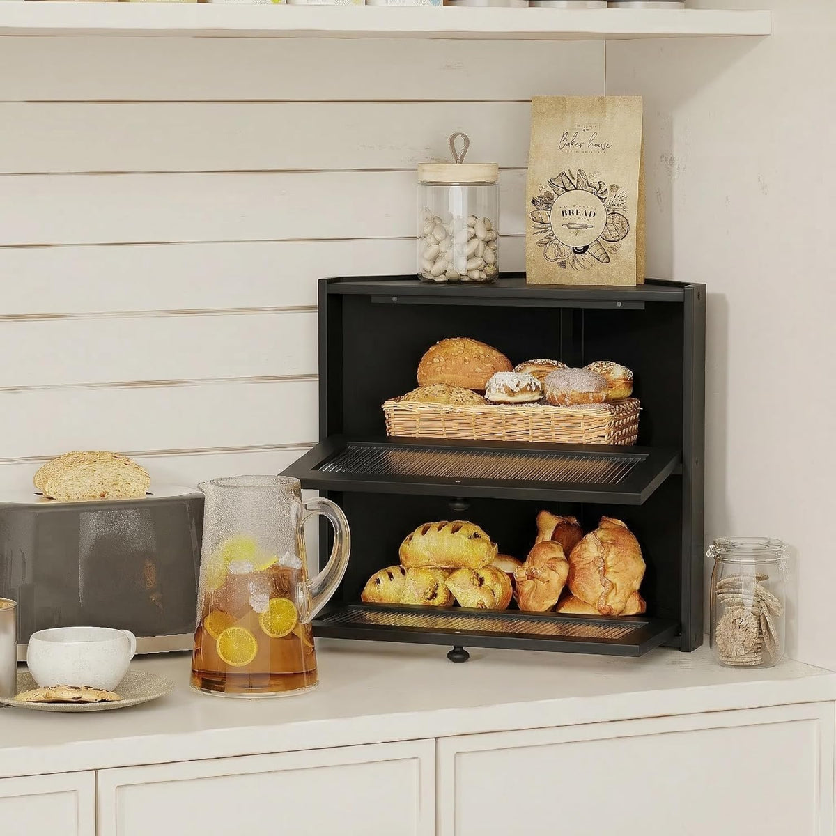 Double Layer Bamboo Bread Box with Wavy Windows C279407