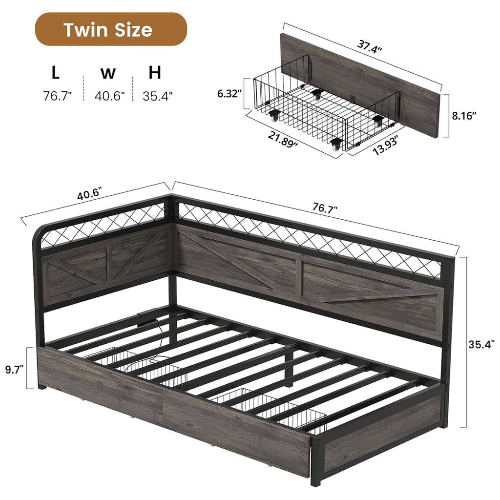 Twin Corner Bed Frame with Storage Drawers Y35728