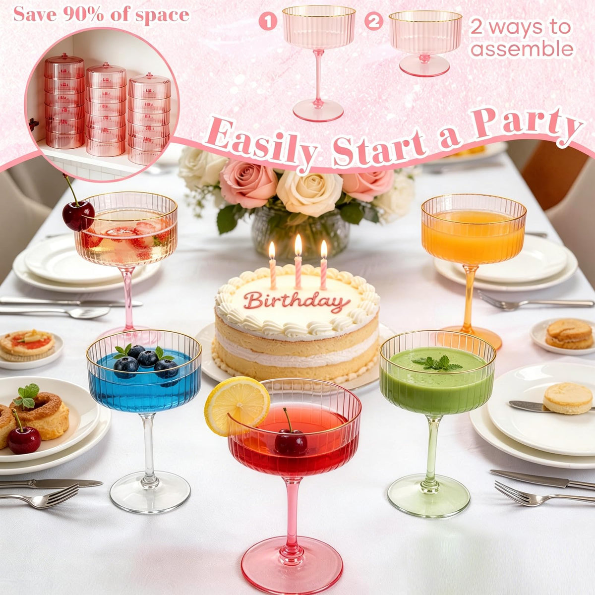 Pink 6 Pcs 10 Oz Plastic Martini Glasses Q30949