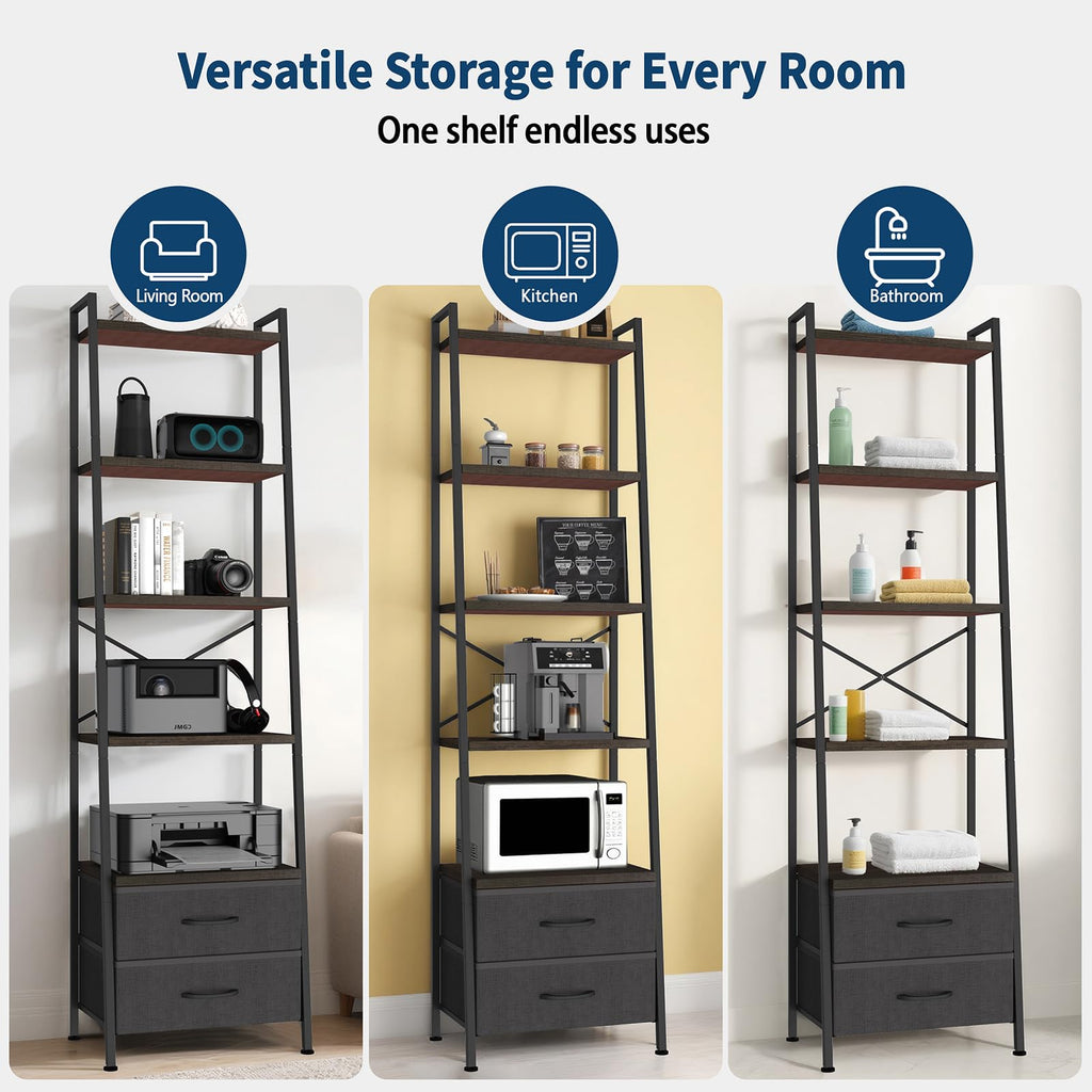 5-Tier Ladder Bookshelf with 2 Drawers Black F680195