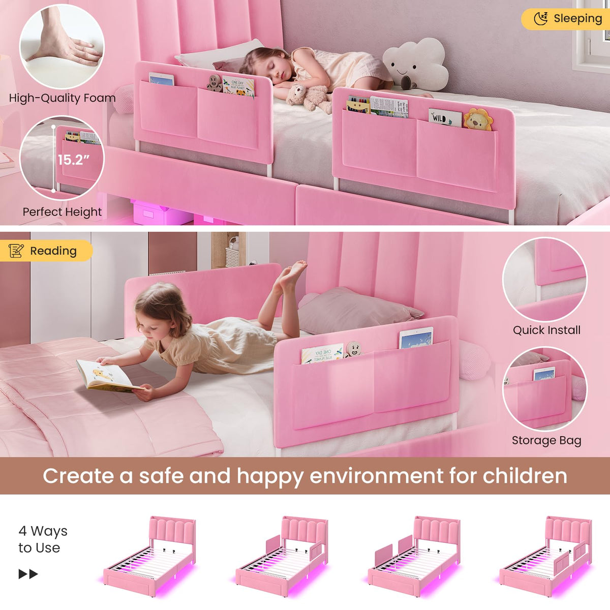 Pink Velvet Upholstered Twin Size Platform Bed with Storage Drawer Q2885