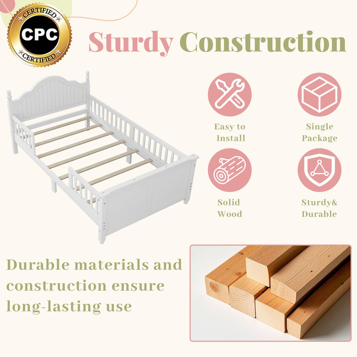 White Twin Bed Frame with Headboard and Rails I265666