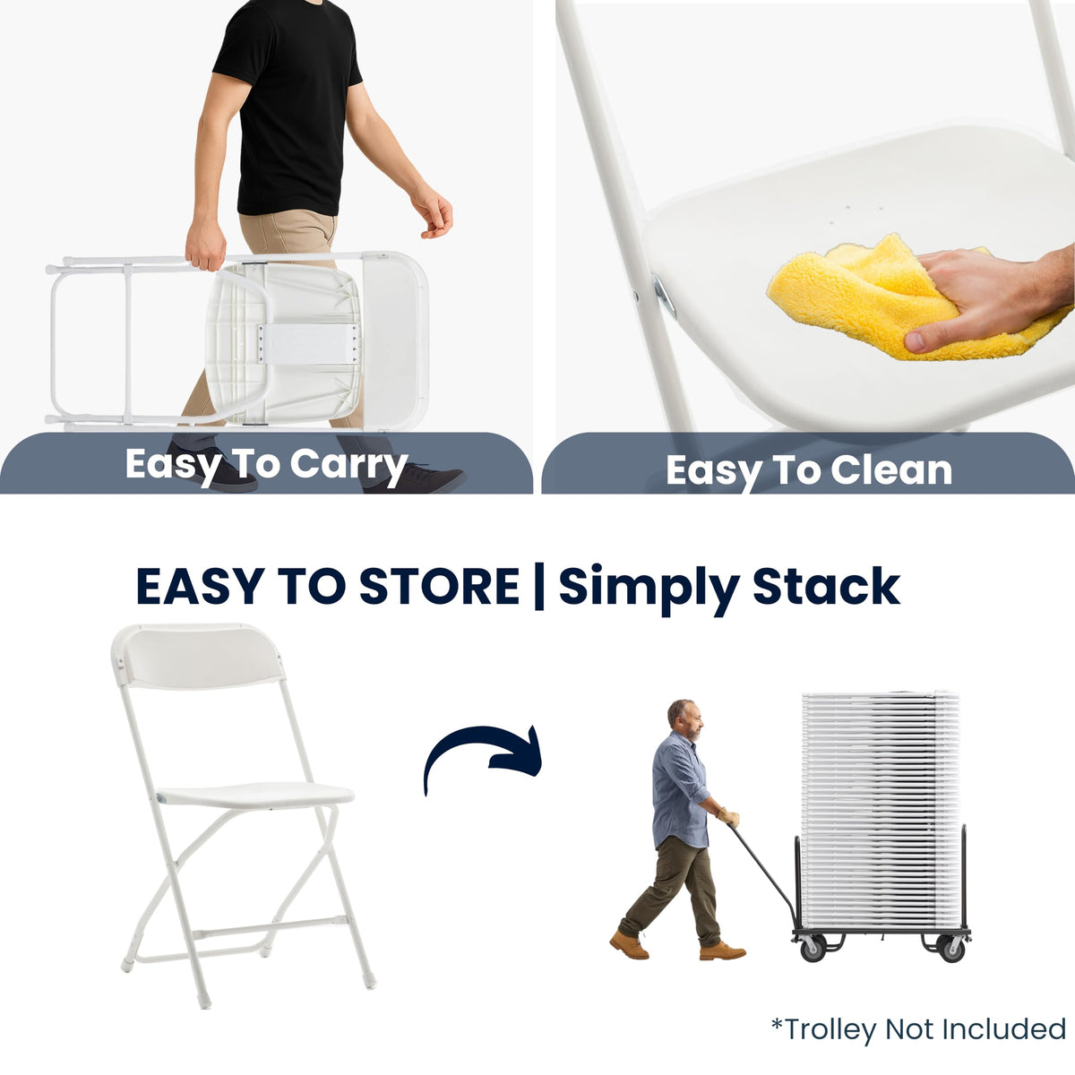 White Plastic Folding Chairs Set of 10 Steel Frame A8327