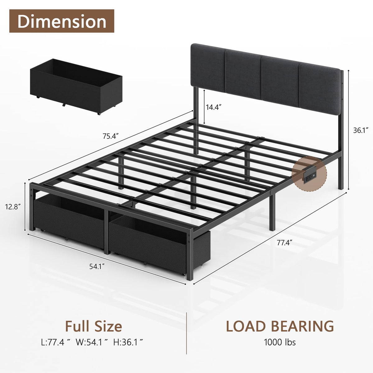 Full Size Bed Frame with Upholstered Headboard & 2 Storage Drawers Q201090