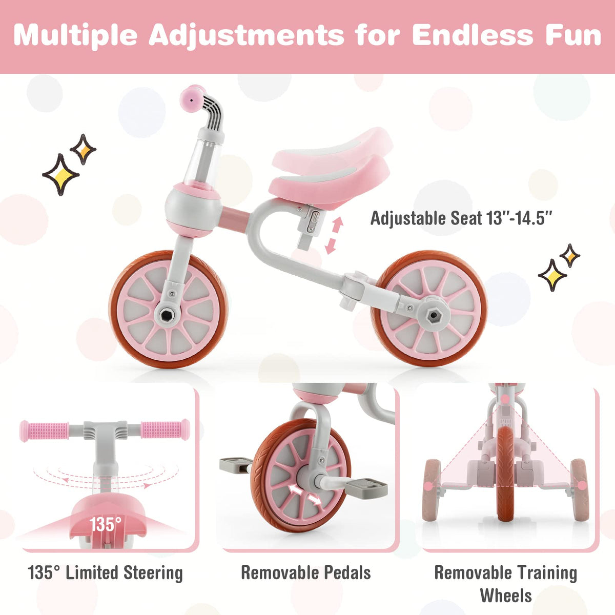 4 in 1 Tricycle with Adjustable Seat & Push Handle, Removable Pedals & Training Wheels, Pink E540