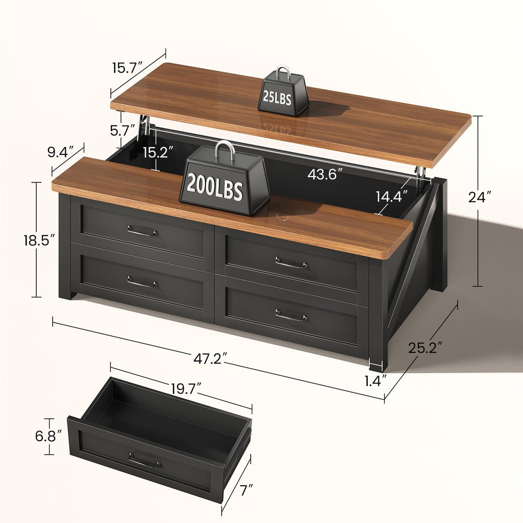 47.2" Lift Top Coffee Table with Storage, 4 Wood Drawers N86149