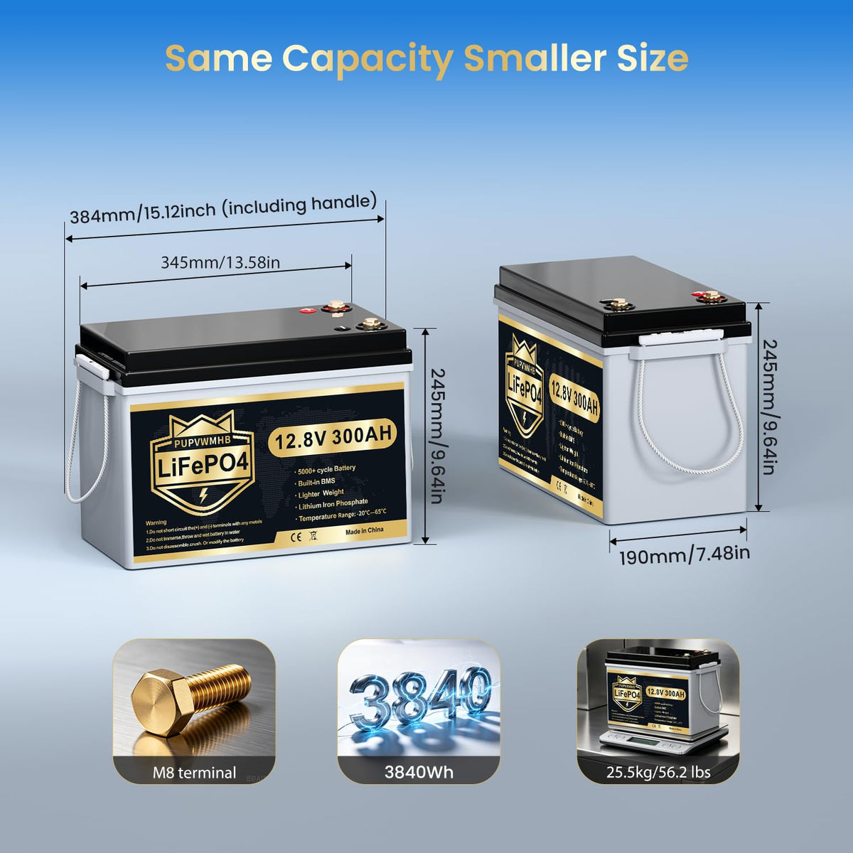 12V 300Ah LiFePO4 Lithium Battery with 200A BMS J898391