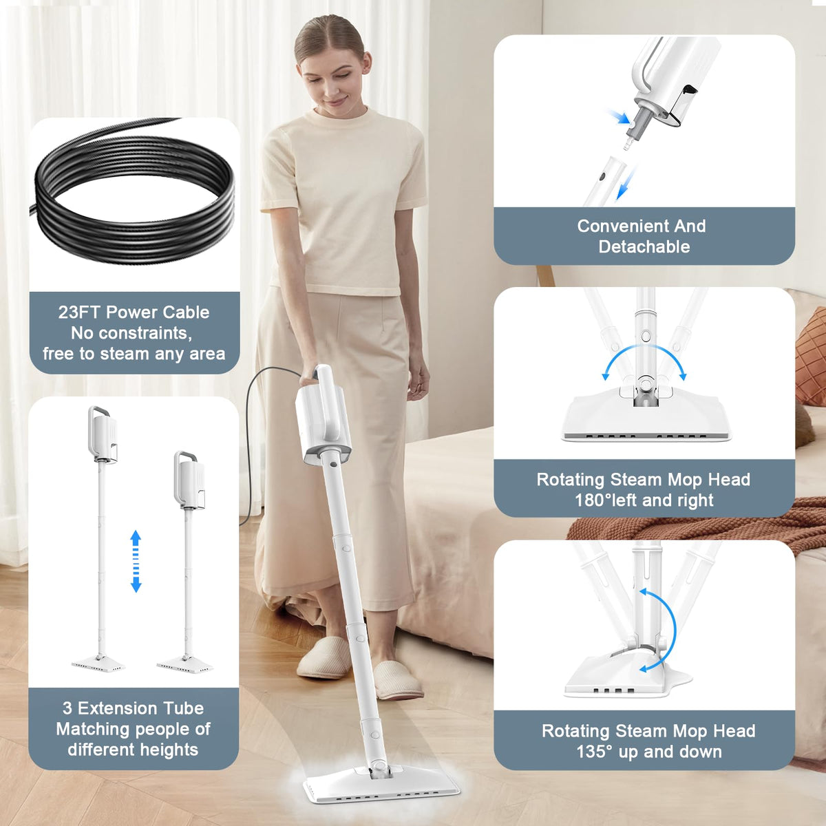 1200W Rotatable Steam Mop with 2 Modes, 400ML Tank, 23FT Cord J975889