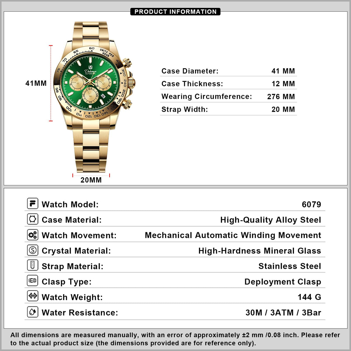 Men's Automatic Stainless Steel Mechanical Watch F5091
