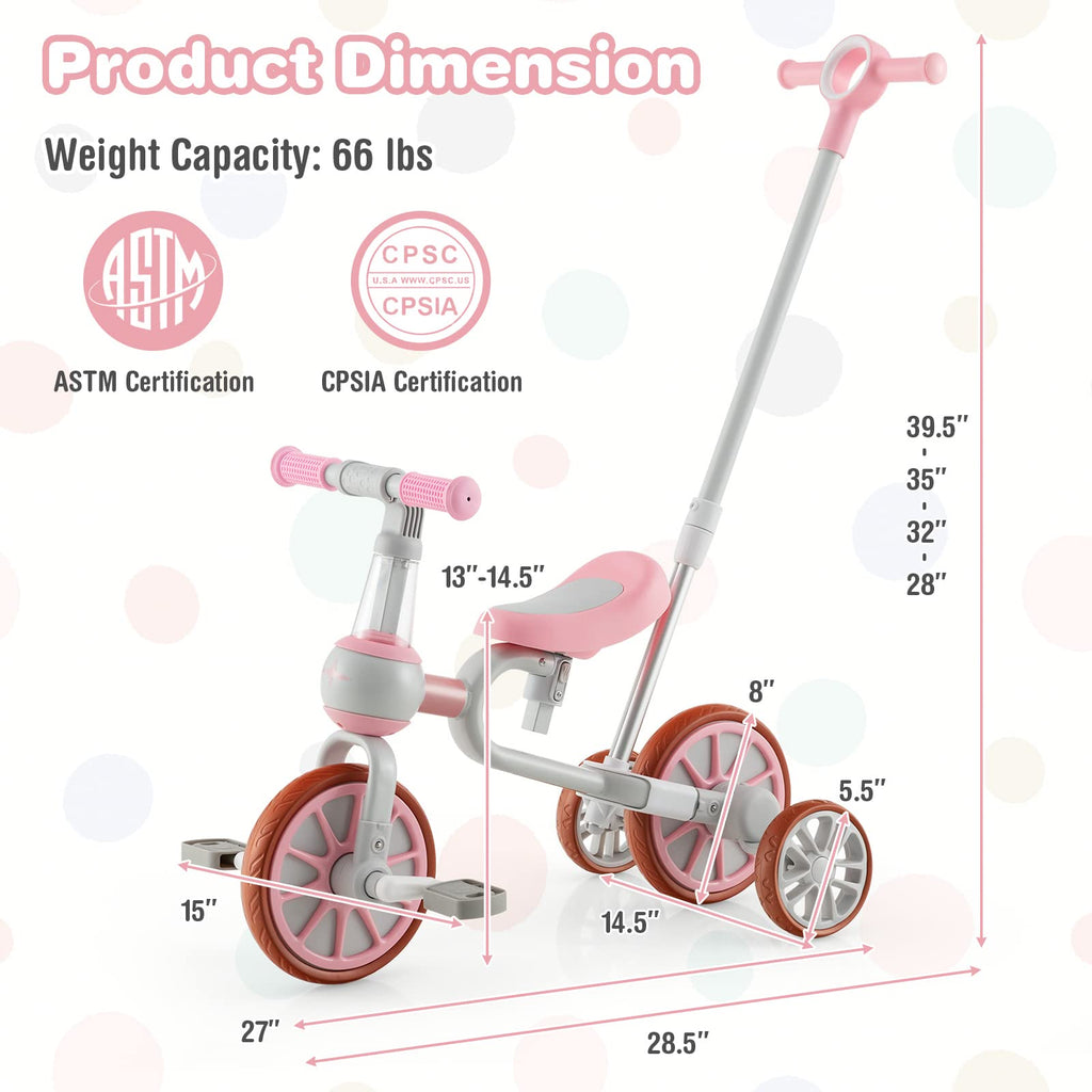 4 in 1 Tricycle with Adjustable Seat & Push Handle, Removable Pedals & Training Wheels, Pink E540