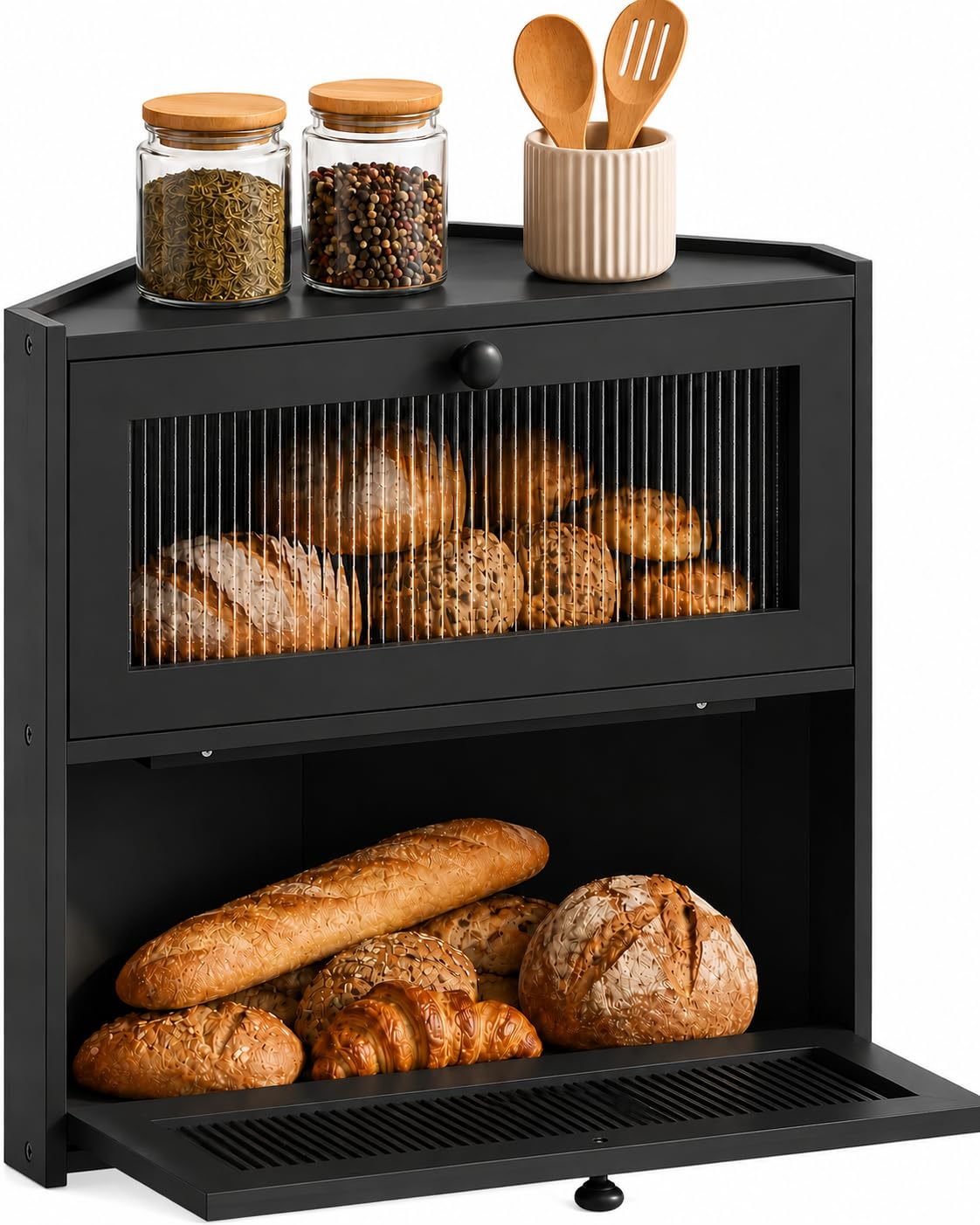 Double Layer Bamboo Bread Box with Wavy Windows C279407