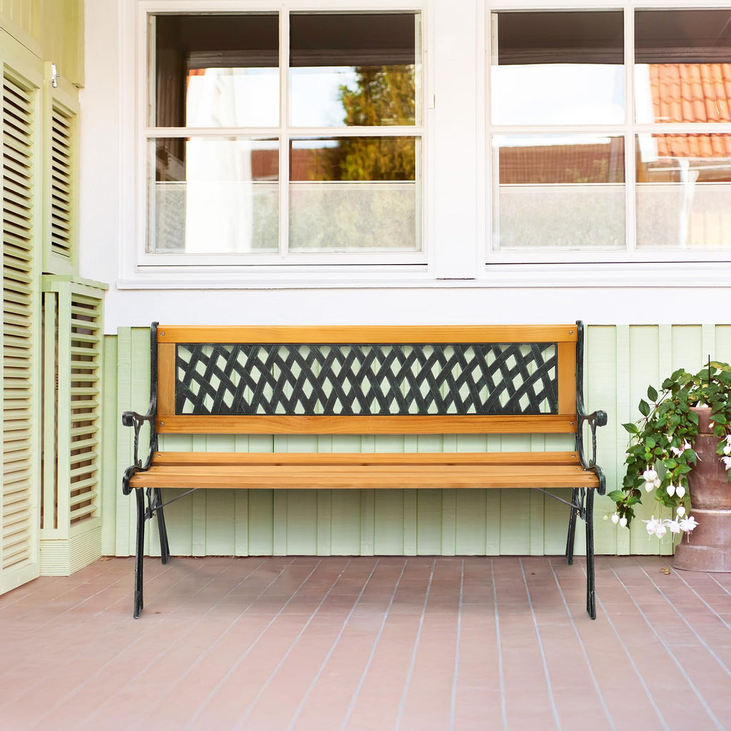 Weather Resistant Cast Iron Teak Wood 3-Person Outdoor Bench G164126