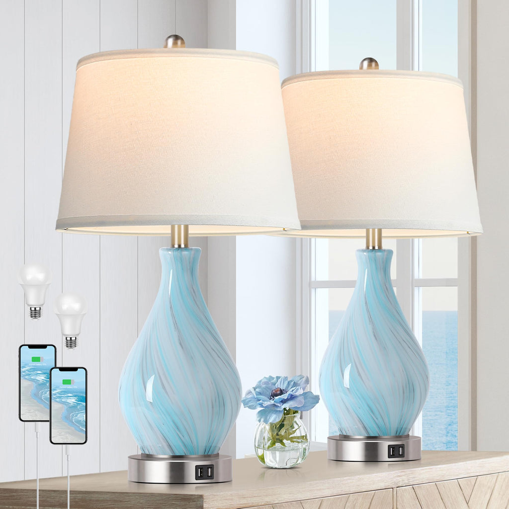Set of 2 Touch Control Art Glass Table Lamp with USB Ports X764