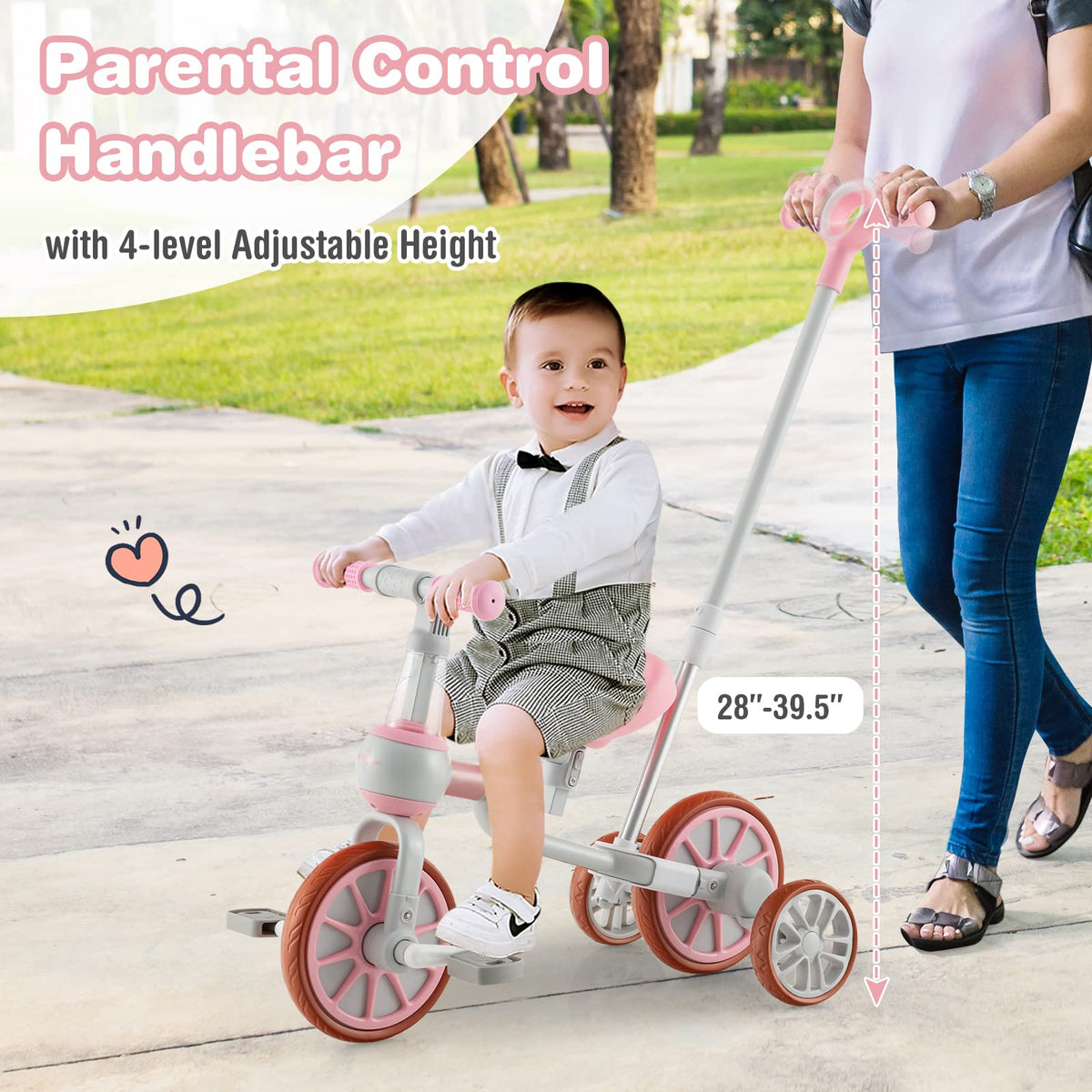 4 in 1 Tricycle with Adjustable Seat & Push Handle, Removable Pedals & Training Wheels, Pink E540