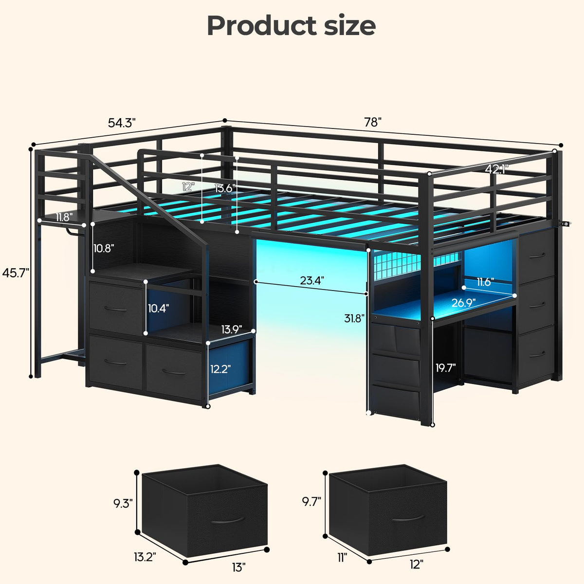 Twin Low Loft Bed with Stairs, Desk, 6 Storage Drawers, Black N558