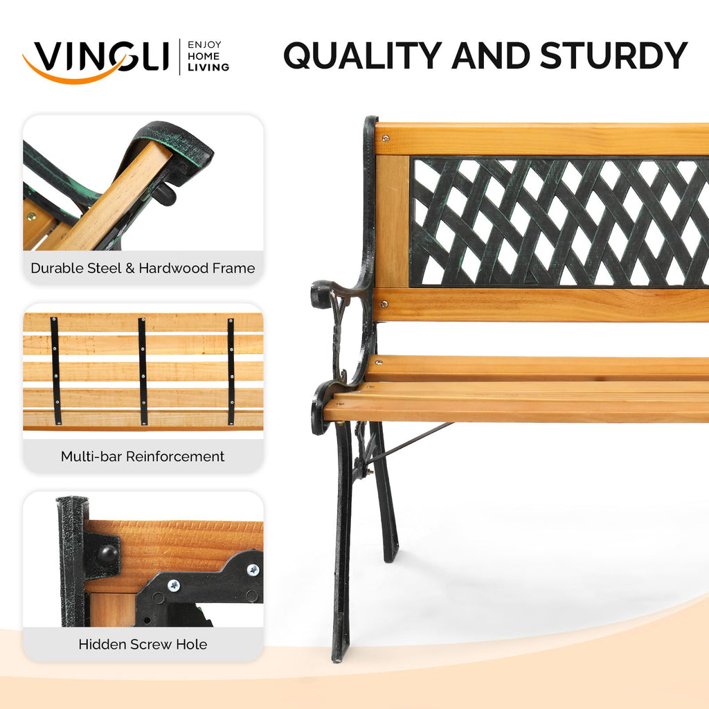 Weather Resistant Cast Iron Teak Wood 3-Person Outdoor Bench G164126