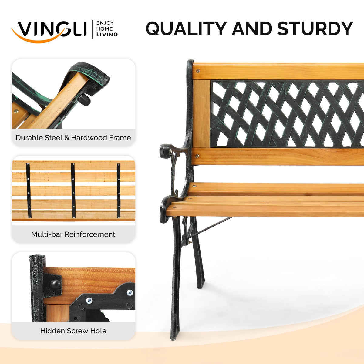 Weather Resistant Cast Iron Teak Wood 3-Person Outdoor Bench G164126