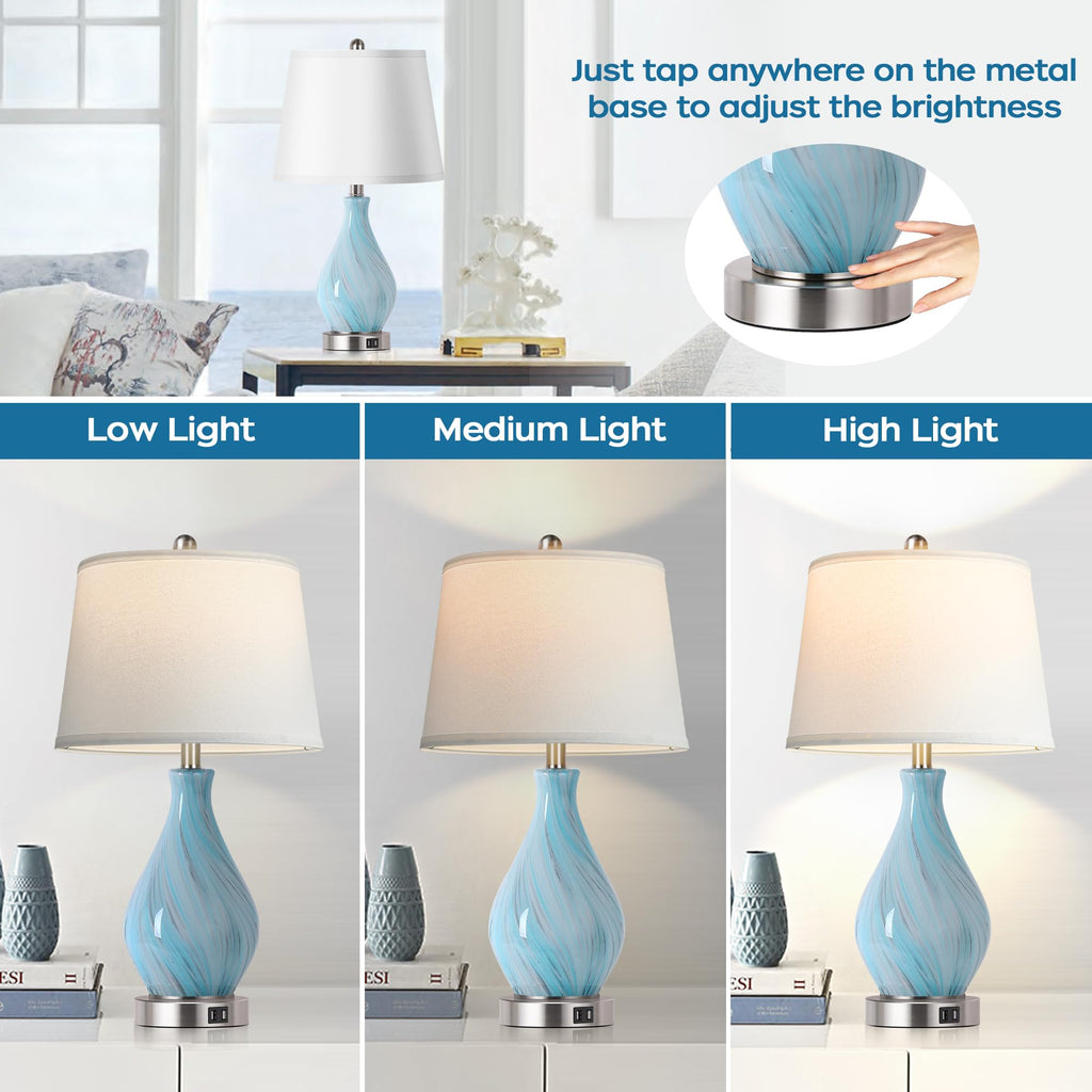 Set of 2 Touch Control Art Glass Table Lamp with USB Ports X764