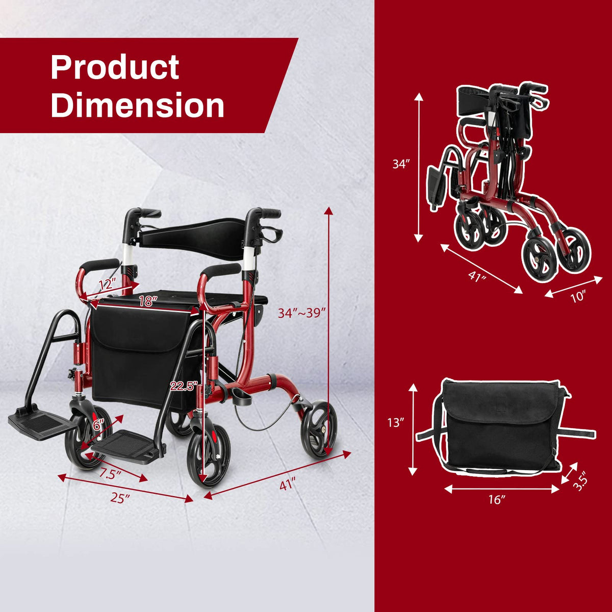 2 in 1 Folding Rollator Walker with Seat and 8" Wheels E213722