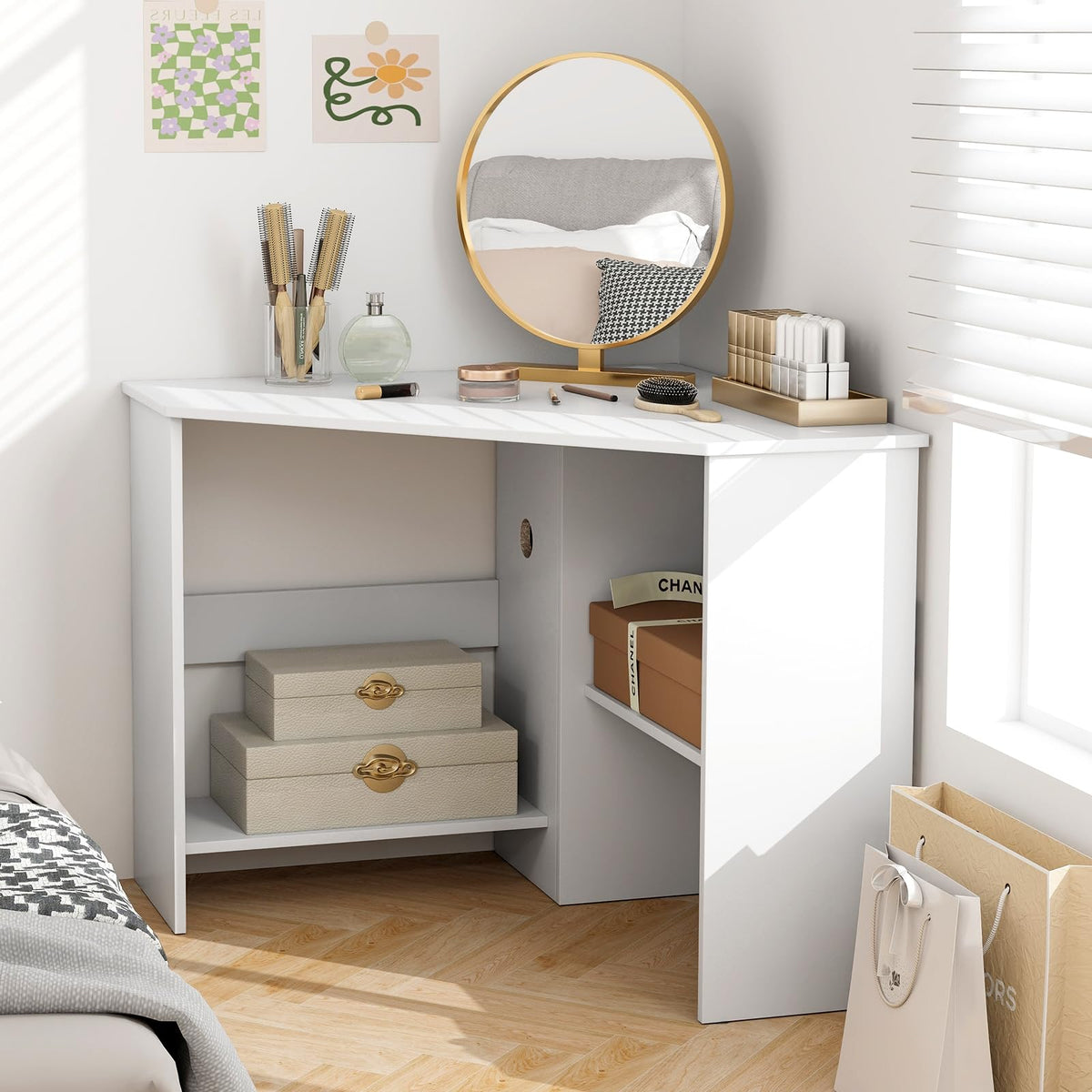 White Compact Corner Desk D722888
