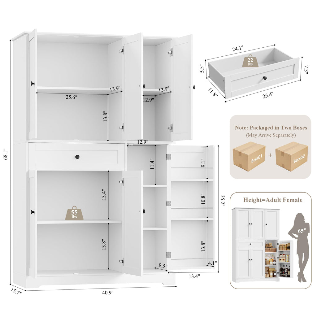 White Kitchen Pantry Storage Cabinet with Doors & Shelves M28927