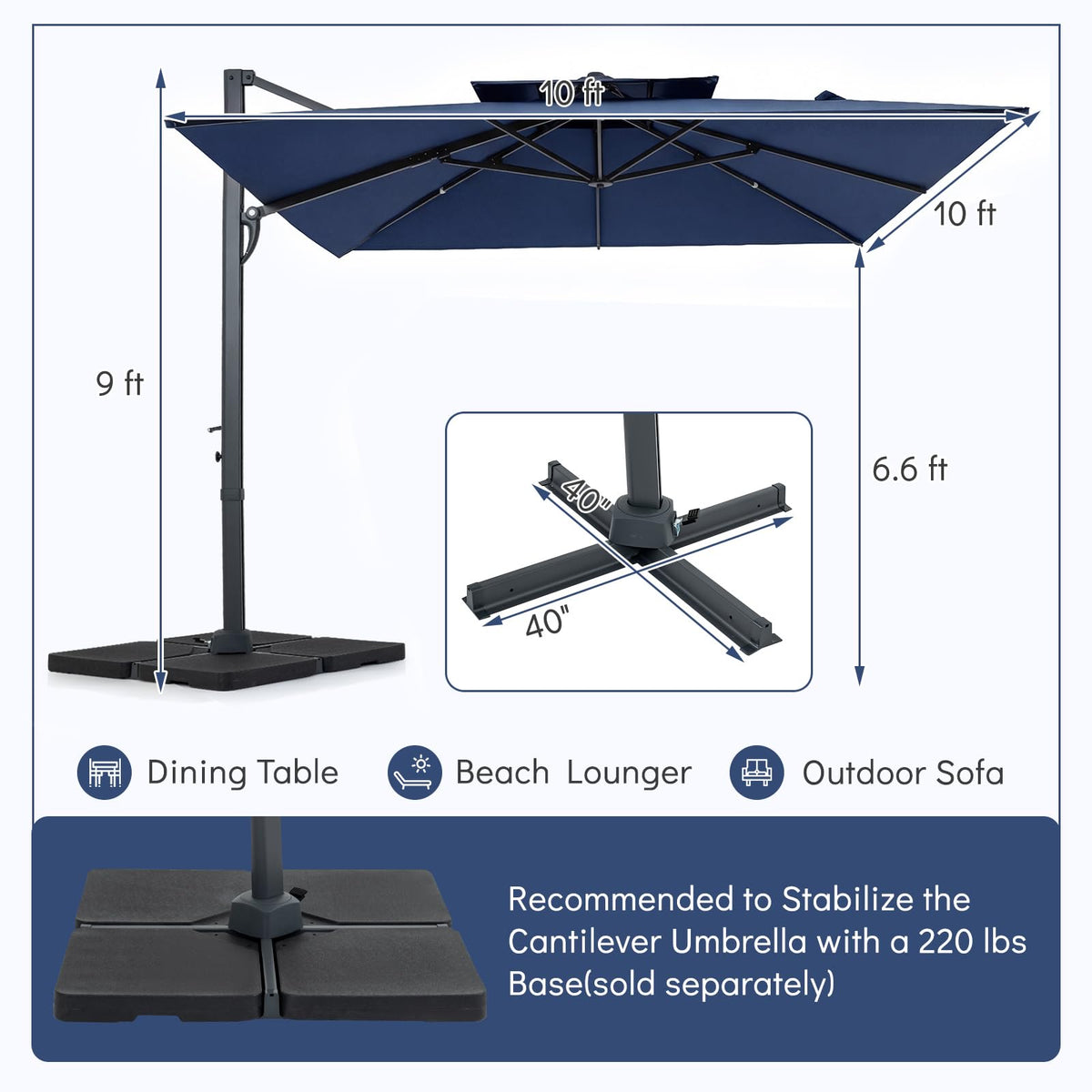 10 FT Navy Blue Cantilever Patio Umbrella M85804