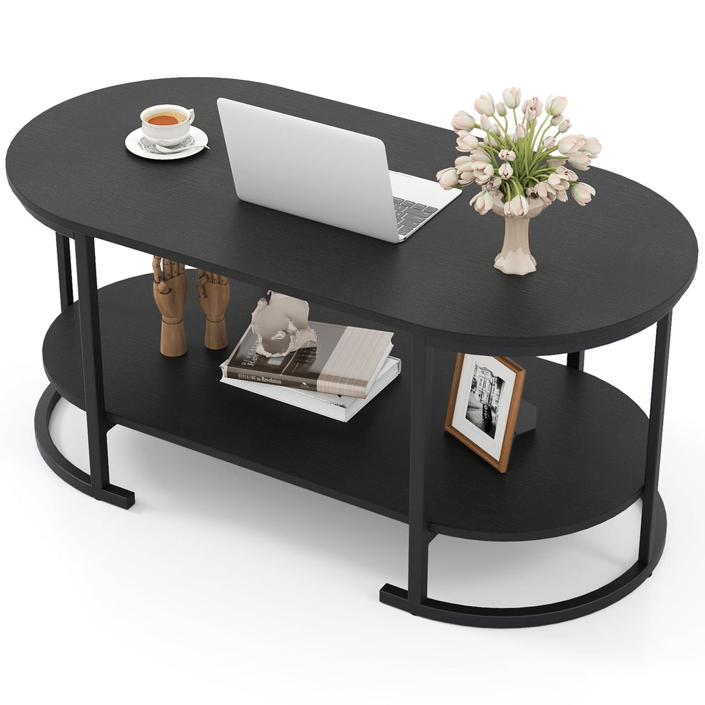 Black 2-Tier Oval Wood Coffee Table with Storage I547971