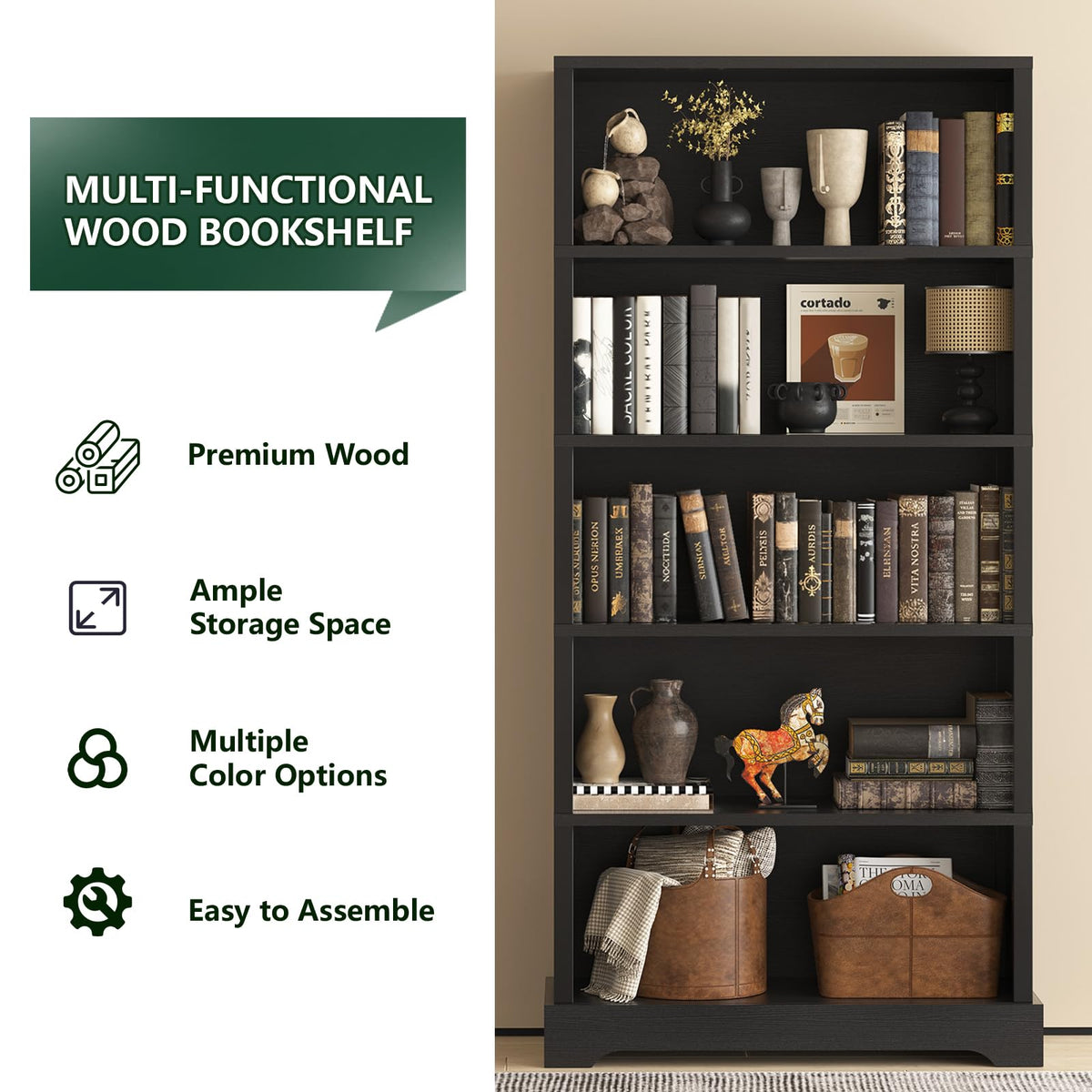 5 Tiers Wooden Bookshelf, 65.2" Tall 31.5" Wide Black O845093